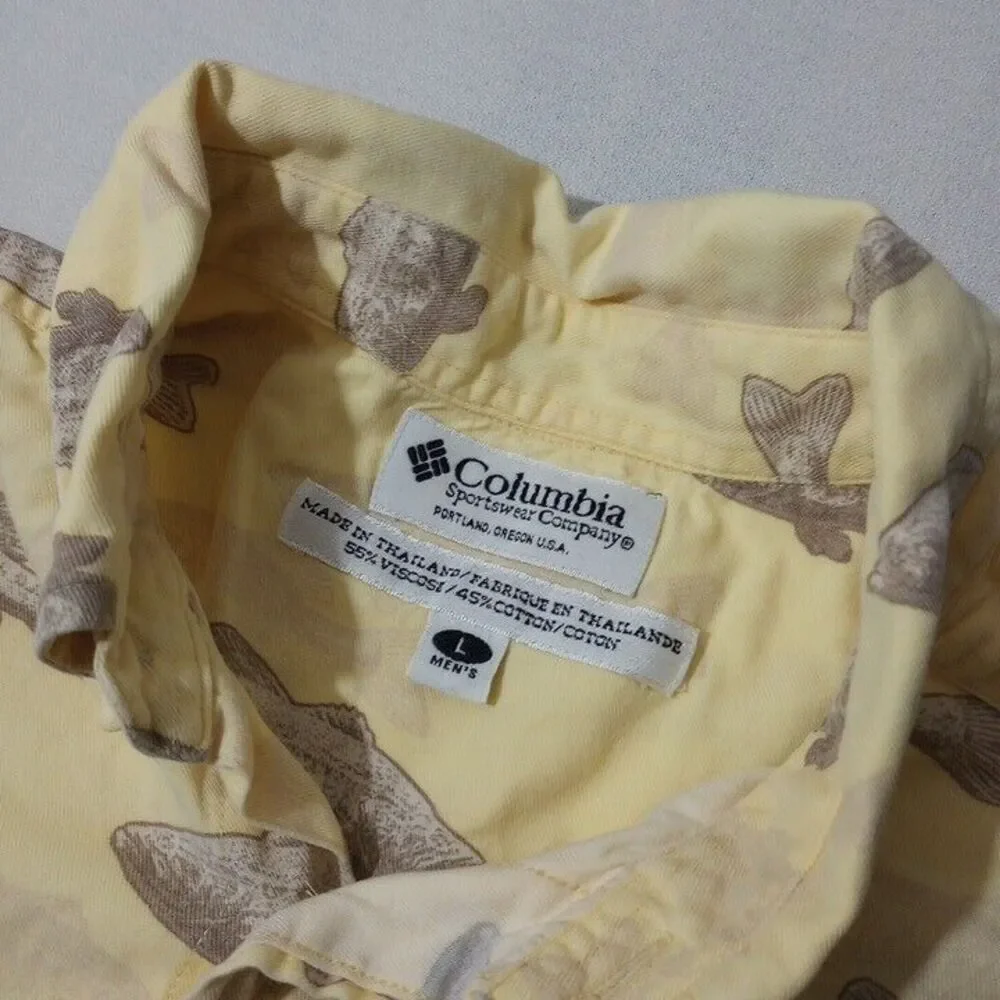 Columbia Men's Large Shirt Yellow Button Up All Over‎ Fish Cotton Viscose